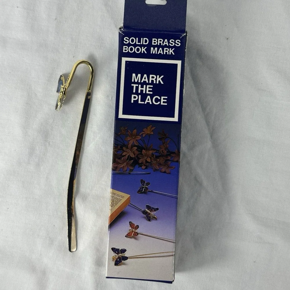Vintage Solid Brass Butterfly Bookmark Blue Enamel Book Mark w/ Box